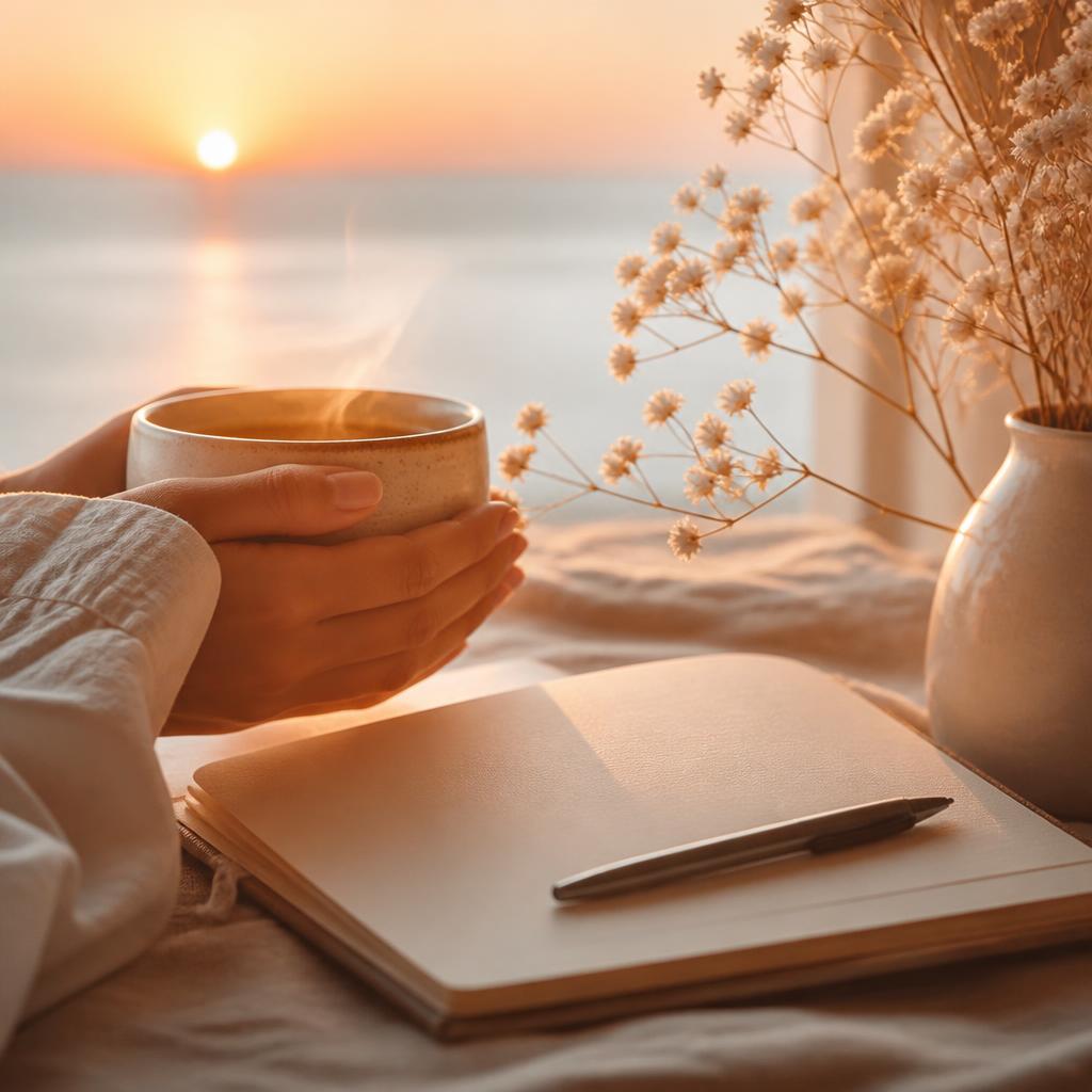 Manos sosteniendo una taza tibia frente a un diario abierto en el atardecer, un ritual de calma y escritura